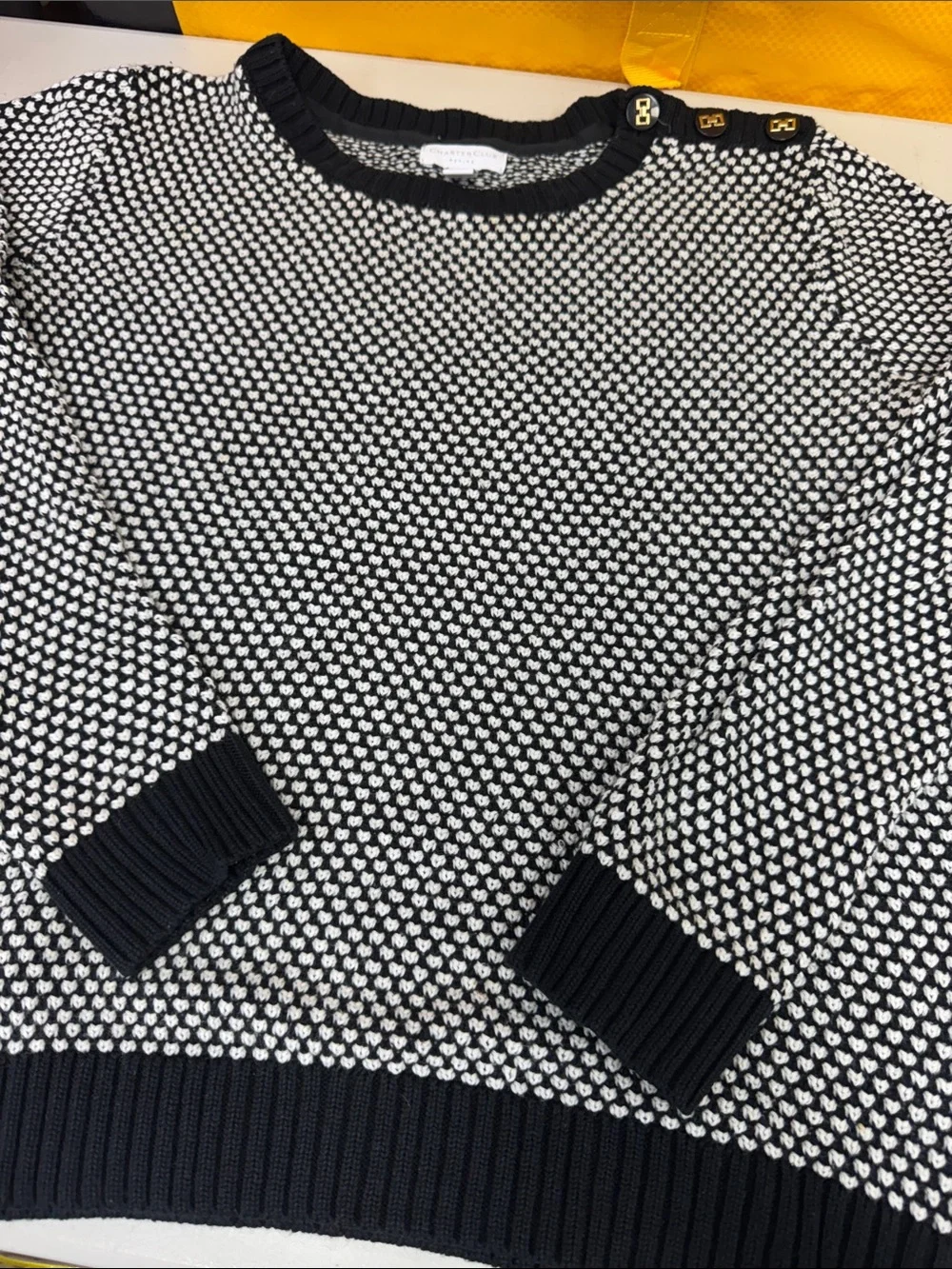 Charter Club Petite large black & White Textured Knit Sweater with Button Detail